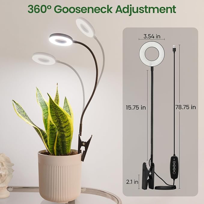 LORDEM Grow Lights for Indoor Plants, 2 in 1 Full Spectrum Plant Light with 360° Gooseneck, 48 LEDs, Auto Timer 6/8/12/16H, 3 Lighting Modes,5 Brightness Levels for Small Plants, 2Pack Black