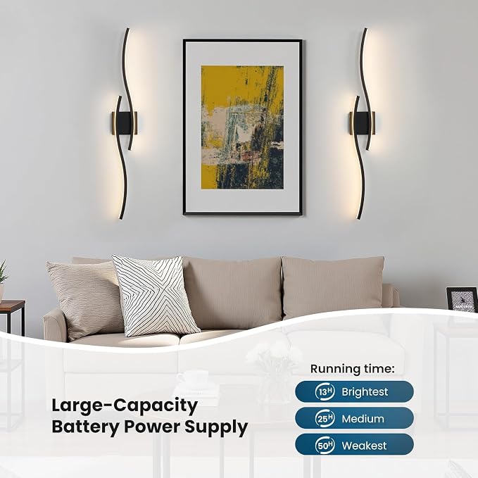 Black Battery Operated Wall Sconces: 39.3 Inch Rechargeable Sconce Set of Two with Remote Control/3 Colors/10-100% Dimming/Timer, Modern Wall Lighting for Bedroom Living Room Hallway Bathroom, 2 Pcs