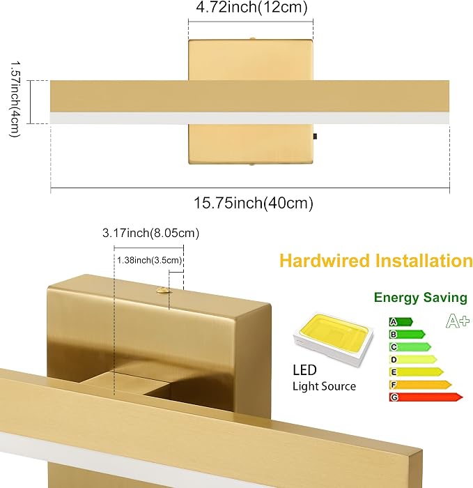 Gold Bathroom Vanity Light Fixture 15.7'' 20W Dimmable 5CCT LED Hardwired | Bathroom Light Fixture Over Mirror, Bathroom Wall Sconce, Rust-resistant, ETL Certificated, 2700K/3000K/3500K/4000K/5000K