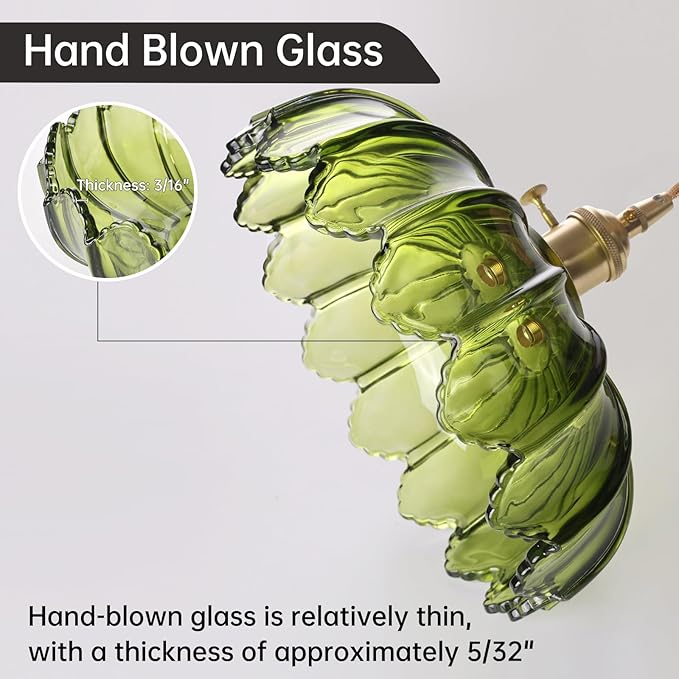 Plug in Pendant Light Hanging Light Fixtures with Plugin Cord On/Off Switch,Green Scindapsus Glass Lampshade Brass Pendant Light