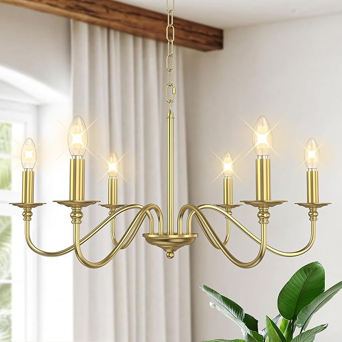 Rustic Farmhouse Candle Chandelier for Dining Room, 6-Light Rustic Black Iron Light Fixture with Classic S-Arm Design for Kitchen Island, Living Room, Foyer-Brass Gold