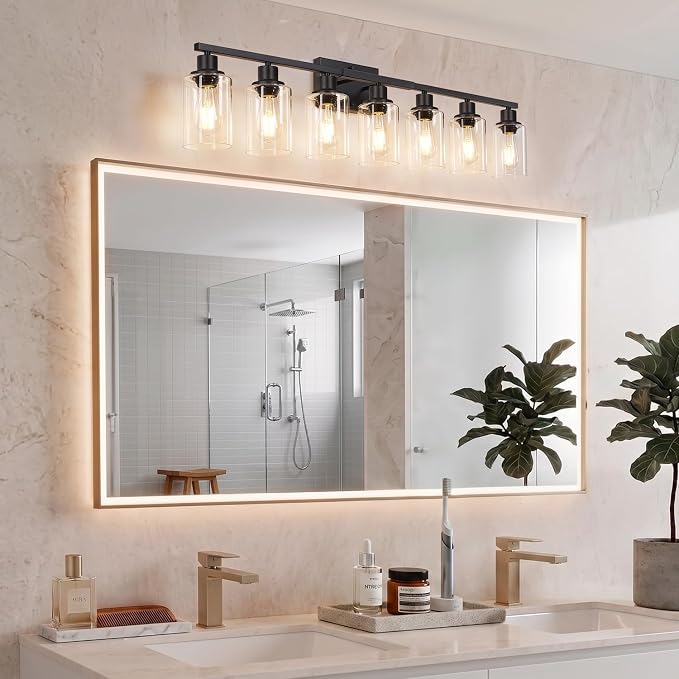MOKATNG 7-Light Bathroom Light Fixtures, Vanity Light with Clear Glass Shades, Matte Black Bathroom Light Fixtures Over Mirror, Modern Bathroom Wall Lamp for Mirror Living Room Cabinet Bedroom