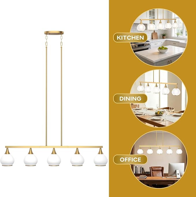 Kitchen Island Linear Pendant Light, 5-Light Gold Dining Room Chandelier with White Glass Globe Shades, Modern Linear Lighting Fixture Over Table