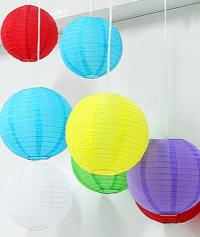 12pcs Yellow Paper Lanterns with 12pcs White LED Lights, 6" 8" 10" 12" Round Hanging Chinese/Japanese Ball Lantern for Easter Wedding Anniversary Birthday