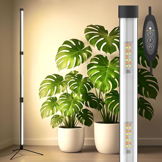 SANSI T10 Standing Grow Lights for Indoor Plants, Vertical Grow Light 4.4FT | PPFD 307 Plant Light 144 LEDs Full Spectrum, Adjustable Three-Stage, 5 Dimming, Timer 3/6/12h, 4000K, Wide Coverage Growth