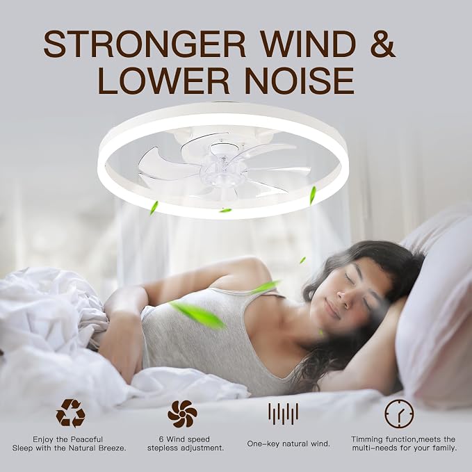 Ceiling Fans with Lights,20" Low Profile Ceiling Fan with Remote Control, Modern Flush Mount Ceiling Fan,White Fan Light for Bedroom, Living Room,Kitchen,Small LED Ceiling Light Fixture