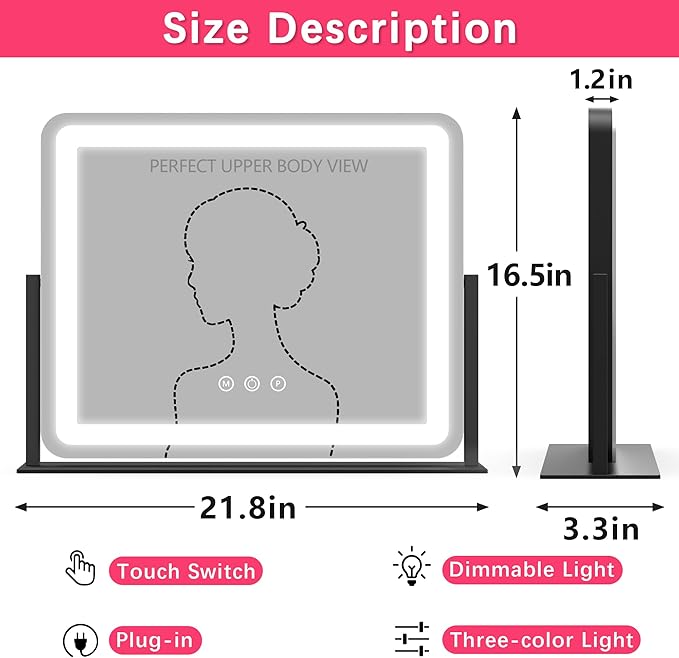 ROLOVE 22x17 Inch Lighted Vanity Mirror with Dimmable LED Lights - 3 Color Modes, Smart Touch Control & 360° Rotating Base - Desk Makeup Mirror (Black)