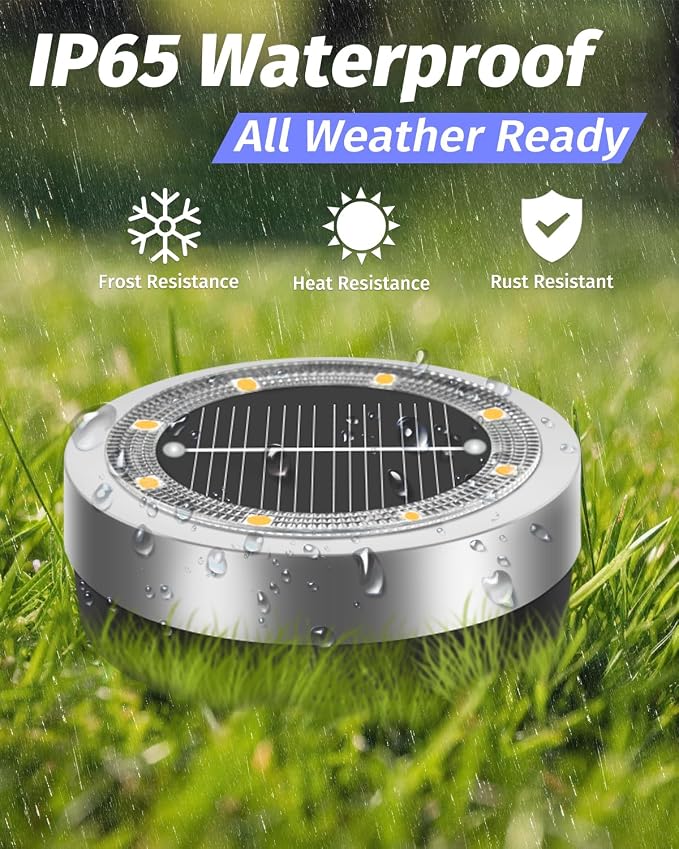 Mini Solar Ground Lights Outdoor 32 Pack Waterproof Upgraded Anti-Rust Solar Flat Garden Lights Stainless Steel Solor Powered Disc Landscape Light for Pathway Walkway Yard Lawn Patio-Warm White