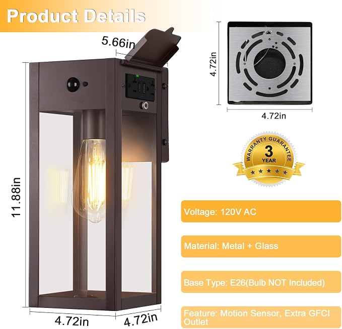 Porch Lights with GFCI Outlet, Motion Sensor Outdoor Lights | Dusk to Dawn, Anti-Rust, Waterproof, Tempered Glass, Easy Installation, E26 Socket, Exterior Lighting for Patio, Brown