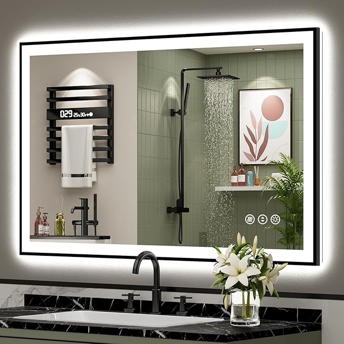 48x32 Black LED Bathroom Mirror, Backlit & Front Lit Lighted Mirror | Metal Framed Anti-Fog Vanity Mirror with Lights, 3 Color Dimmable, Memory, Tempered Glass, CRI95, IP54, Horizontal/Vertical