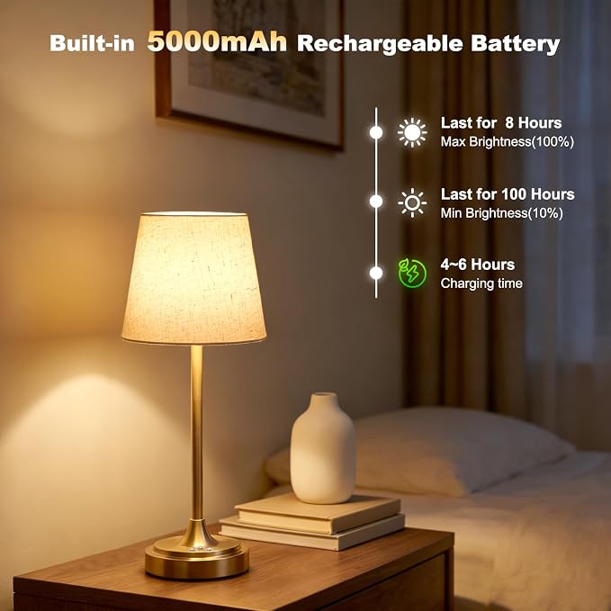 Wowag Cordless Table Lamp Rechargeable,5000mAh Battery Operated Desk Lamp,3 Colors & 7 RGB Stepless Dimmable,Touch Control Ambient Light for Bedside,Bedroom,Dining Room,Living Room,Gold,FlaxenShade