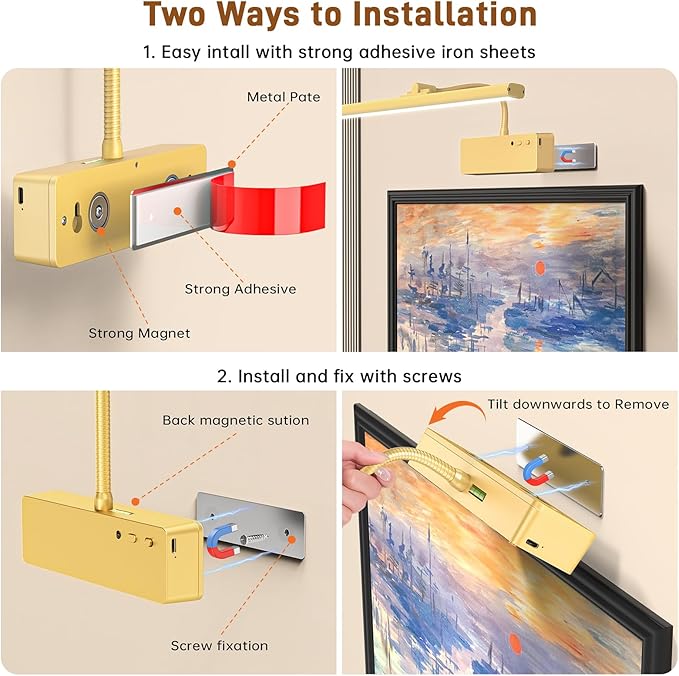 Picture Light, 15.35inch Picture Lights for Wall Rechargeable, Battery Wall Light Over Picture Frame, 3 Color Art Lighting for Paintings with Timer and Dimmable Artwork Display (Gold-2PCS)