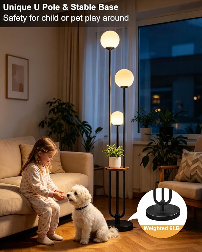 63IN Black Floor Lamp with Shelf Mid Century Modern Tall Standing Lamps with 3000K Warm White Bulb Included Dimmable Globe Floor Lamp with 5Lbs Heavy Base for Living Room/Bedroom/Home Decor