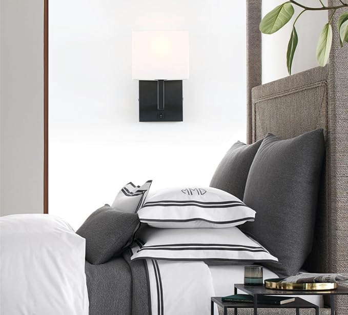 PERMO Single Wall Sconce Black Finish Light Fixture with White Textile Shades and On/Off Switch Button Small Modern Nightstand Lamps for Bedrooms Bedside Reading