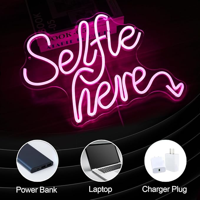 Selfie Here Neon Sign Dimmable Pink Words Light Up Sign for Wall Decor Selfie Led Neon Light for Selfie Station Photo Studio Bedroom