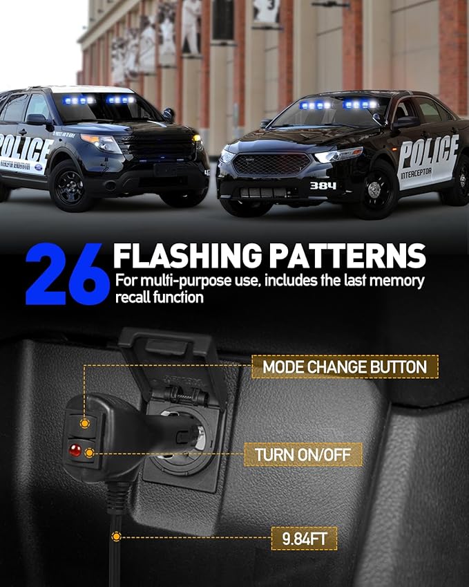 HLauto 2002L Emergency Dash Strobe Lights: Blue White Safety Lights, Flashing Warning Hazard Windshield Visor Traffic Light Bars for Trucks, Construction Vehicles (2x8.5 inch, 48LED)