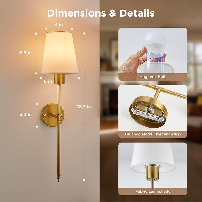 Brightown Battery Operated Wall Sconces Set of Two,Gold Sconces Wall Decor | RGBWW Rechargeable Wall Lights with Dimmable Magnetic Bulbs & Remote, Wireless Wall Lamp for Living Room Bedroom Hallway