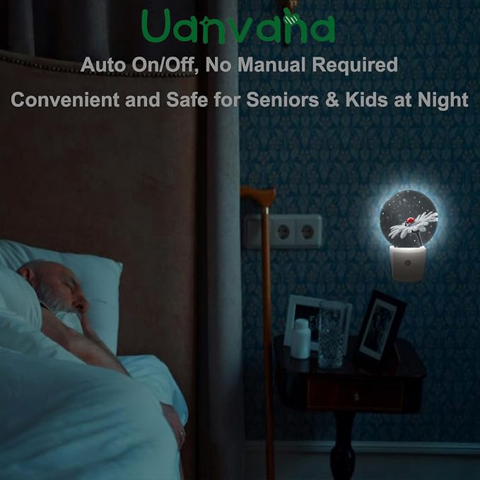 Night Light Ladybug on White Daisy Flowers Dusk to Dawn Plug-in Nightlight Auto Sensor for Bedroom Bathroom Hallway Living Room