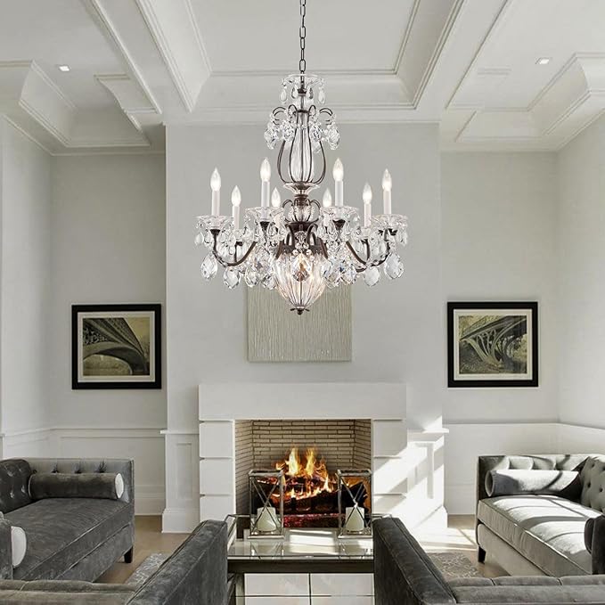 Vintage Crystal Chandeliers for Dining Room, 8-Light Brown Classic Candle Chandelier Pendant Ceiling Light Fixture for Living Room Bedroom Kitchen Foyer Hallway Staircase 30.3" H x 26.8" D