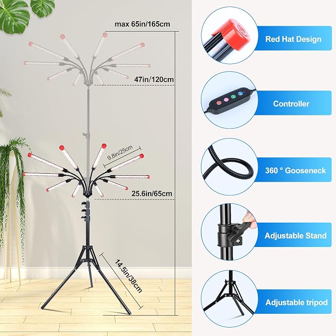 10Head Grow Light on Stand for Large&Tall Indoor Plants, Bonsai Tree, Bright and Big Coverage Plant Growing Lamps, 4/8/12/16/20H Timer, 90 Watt Power Draw, NO Need Adapter, 360° Gooseneck