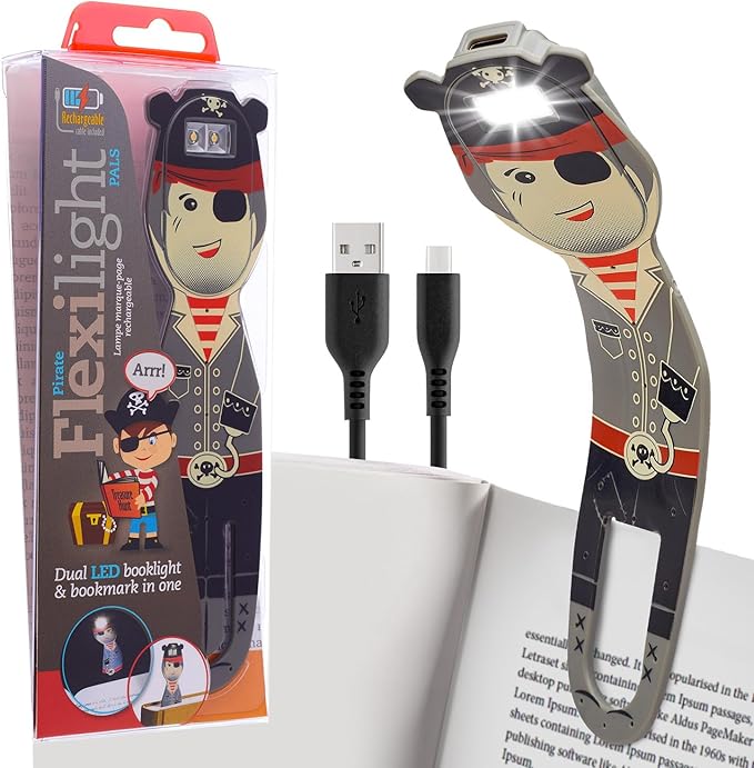 Gifts for Readers & Writers Rechargeable Book Light for Kids, Clip On Reading Light for Bed, 2in1 Flexilight Pals & Bookmark, 12 Hours of Light Once Charged, Includes USB Cable & 2 LED Lights, Pirate