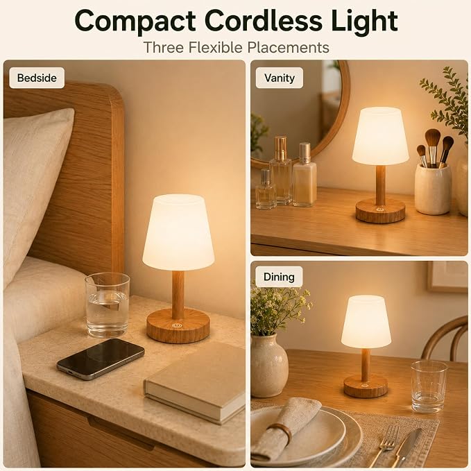 Rechargeable Table Lamp, Mini Cordless Shower Lamp for Bathroom, IP54 | Warm Oak-Look Body, Compact Fit for Small Surfaces, Warm-to-Cool Ambience, Touch Dimming with Brightness Memory