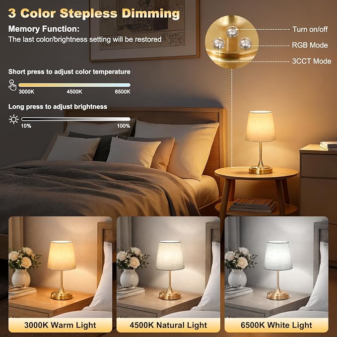 Wowag Small Cordless Table Lamp Rechargeable,5000mAh Battery Operated Desk Lamp,3 Colors & 7 RGB Stepless Dimmable,Touch Ambient Light for Bedside,Bedroom,Dining Room,Living Room,Gold,FlaxenShade