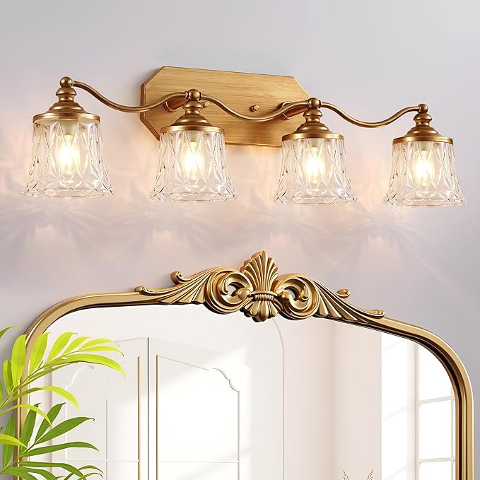 maesta Gold Bathroom Light Fixtures, 4 Light Bathroom Vanity Light, Matte Antique Gold Finish with Crystal Glass Shade, Gold Vintage Vanity Light for Bathroom, Living Room, Bedroom, Hallway