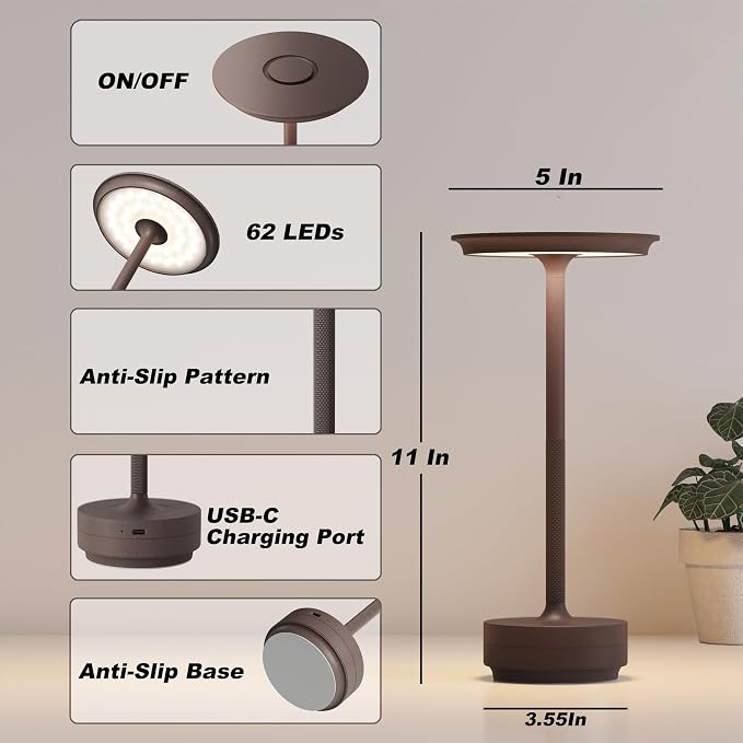 TBBGA 1 Pack Rechargeable Table Lamps Cordless, 5000mAh Outdoor Table Light | 3 Color Stepless Dimming Portable LED Table Lamp with Memory Function, for Home/Dinner/Patio/Restaurant.(Rust)