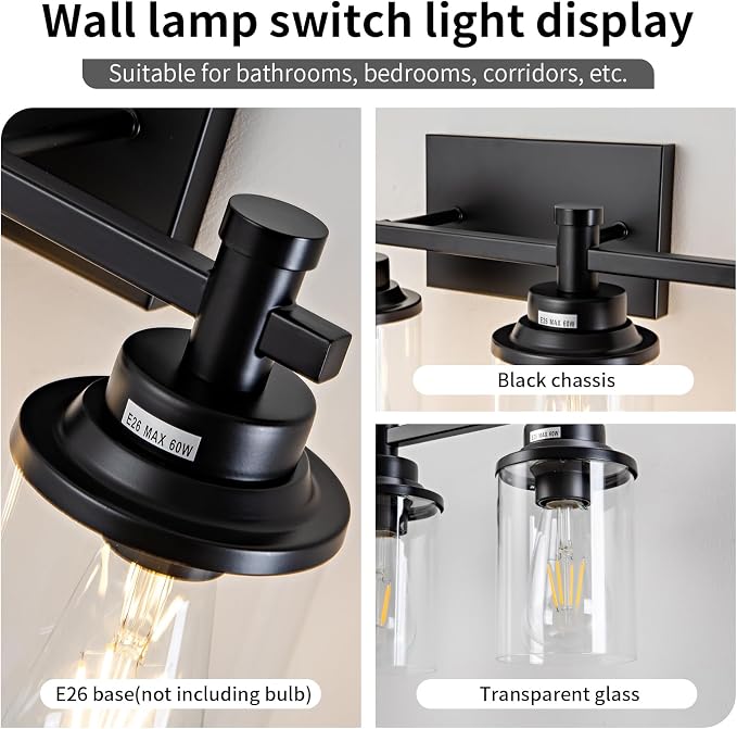 5-Light Black Bathroom Vanity Light, Modern Bathroom Light Fixtures Wall Sconces Over Mirror with Clear Glass Shade