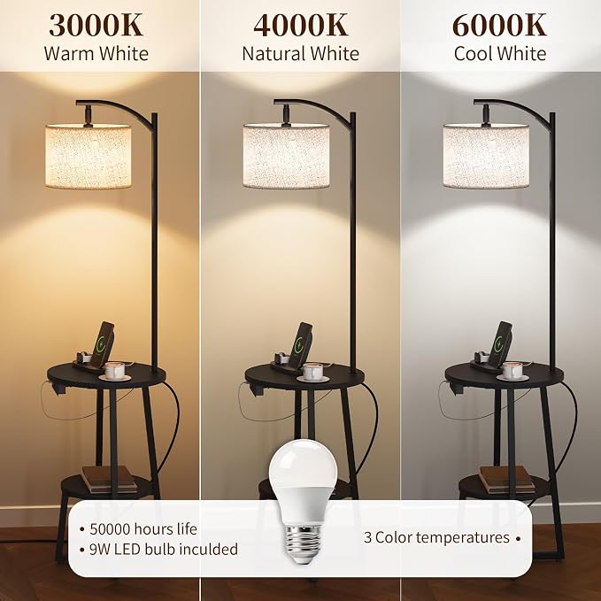 Yoobure Floor Lamp with Table - Farmhouse Night Stand with Charging Station | Side Table with Floor Lamps for Living Room, Bedroom, End Table with Lamp Attached 3 Color Temperatures Bulb, 2 Tier Shelves