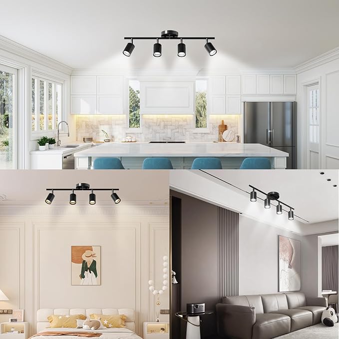 LED 4 Light Track Lighting Kit, Black Ceiling Spotlights, Modern Track Light Fixture with Flexibly Rotatable Light Heads for Kitchen, Living Room, Bedroom, Includes 4 x GU10 Bulb