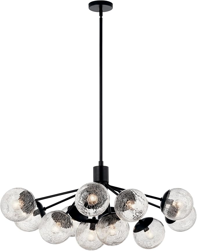Kichler Silvarious 12-Light Linear Convertible Chandelier, Soft Modern Light with Clear Crackled Glass in Black, for Dining Room or Living Room (17.75" x 26.75" x 48"), 52703BK
