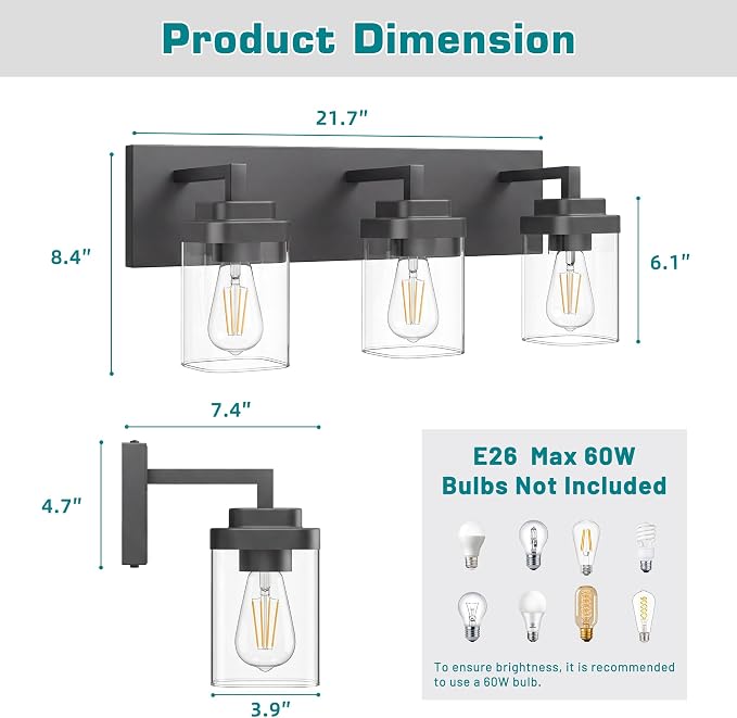 Bathroom Vanity Light, 3 Lights Morden Bathroom Lighting Fixtures Over Mirror, Black Bathroom Light Fixtures for Bathroom
