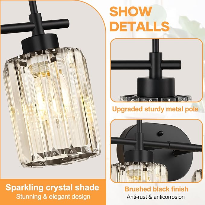 Matte Black 4-Light Crystal Bathroom Vanity Light, Modern Bathroom Light Fixture Over Mirror, Black Vanity Lighting for Bathroom, Bulbs Not Included