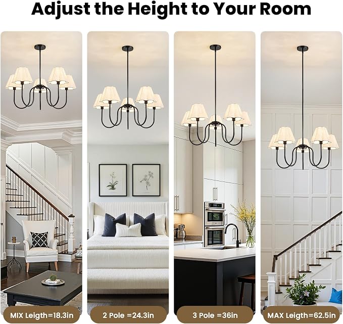 RUIYEY Gold Chandeliers for Dining Room - 28" 5-Light Modern Mid-Century Chandelier with Flower Scalloped Fabric Shades, Height Adjustable Farmhouse Pendant Ceiling Light Fixture for Bedrooms Kitchen