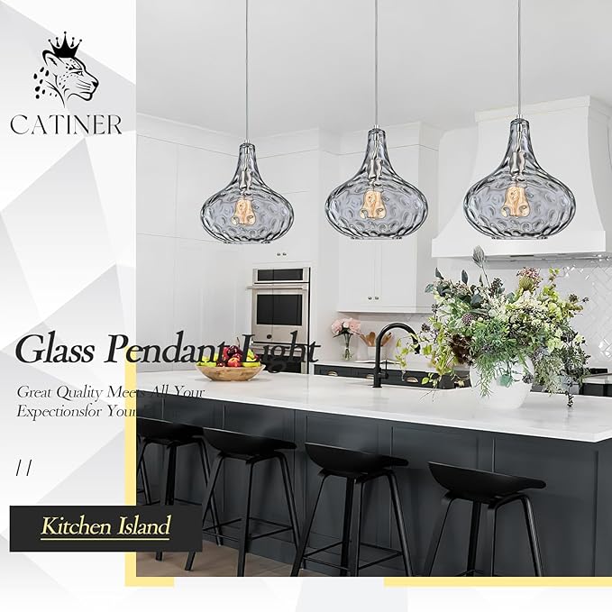 11" Smoked Hammered Glass Pendant Light – Blown Glass Ceiling Fixture with Brushed Nickel Finish, Modern Industrial Lighting for Kitchen Island, Dining Room, Hallway, Living Room