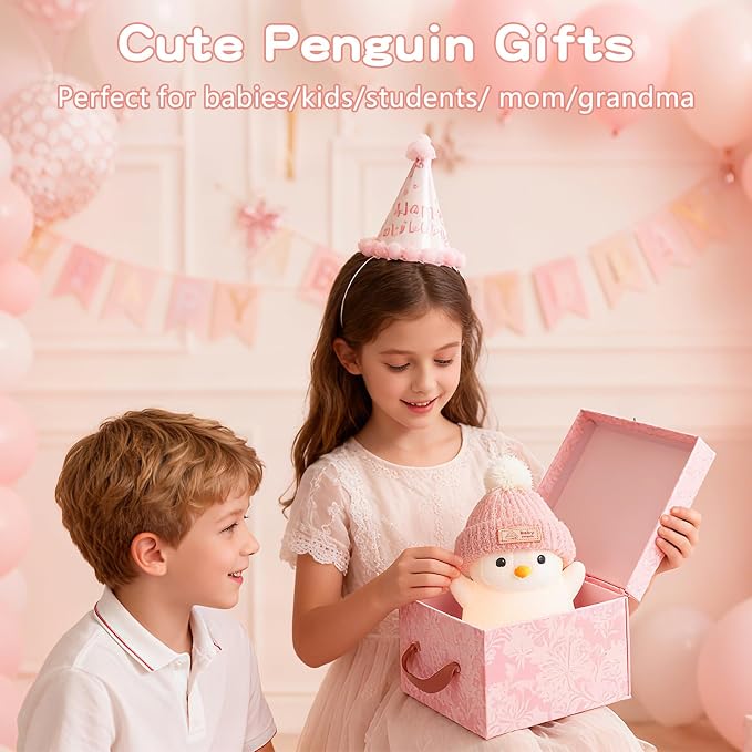 FAMIDUO Penguin Night Light for Kids,Pink Penguin Lamp with Knit Hat | Squishy Silicone,Rechargeable Dimmable Timer LED Bedside Lamp,Cute Animal Nightlight for Nursery,Gift for Boys Girls Toddlers