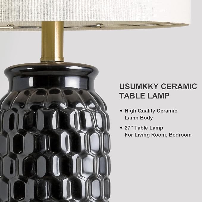 USumkky 27" Ceramic Table Lamps Set of 2 - Modern Farmhouse & Boho Style, Bedside Nightstand Lamps for Bedroom, Living Room End Table Lamps, Small Desk Lamp(Black)