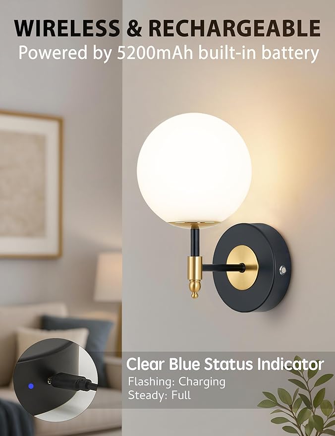 Battery Operated Wall Sconces Set of 2, Glass Globe Wireless Lights with Remote & Touch Control, Rechargeable Black & Gold Sconce, 3 Color Dimmable Ambient Lighting for Bedroom Living Room