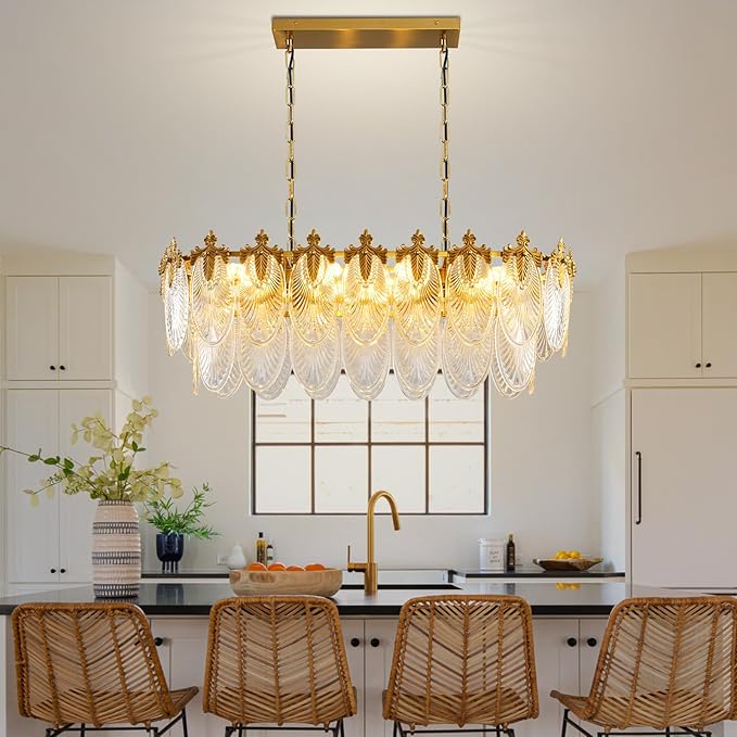 Rectangular Crystal Glass Dining Room Chandelier, 8 Light Gold Chandeliers Lighting Fixture, L33.5'' Height Adjustable Oval Ceiling Pendant Light for Office Coffee Over Table Kitchen Island