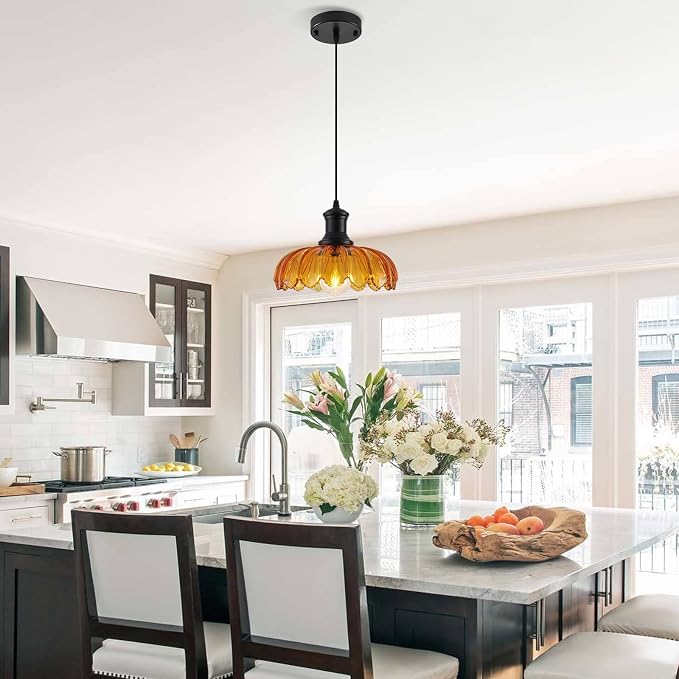 Orange Pendant Light, Kitchen Pendant Light with Glass Shade, Vintage Pendant Lighting for Kitchen Island, Dining Room, Bedroom, Living Room, Bathroom, Hallway, Sink