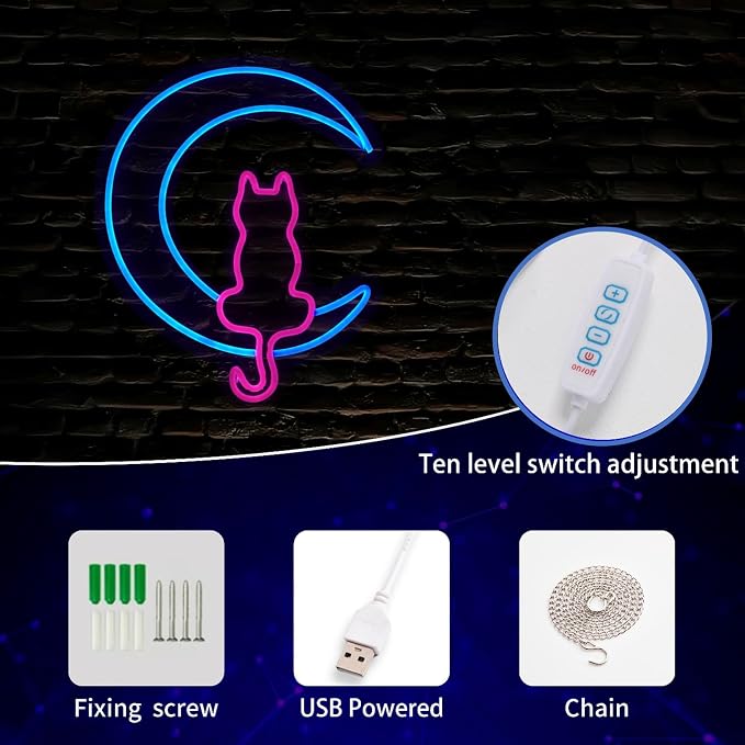 Moon Cat Neon Signs for Wall Decor, White Blue LED Light Sign for Preppy Room Decor Light Up Sign for Party Decoration