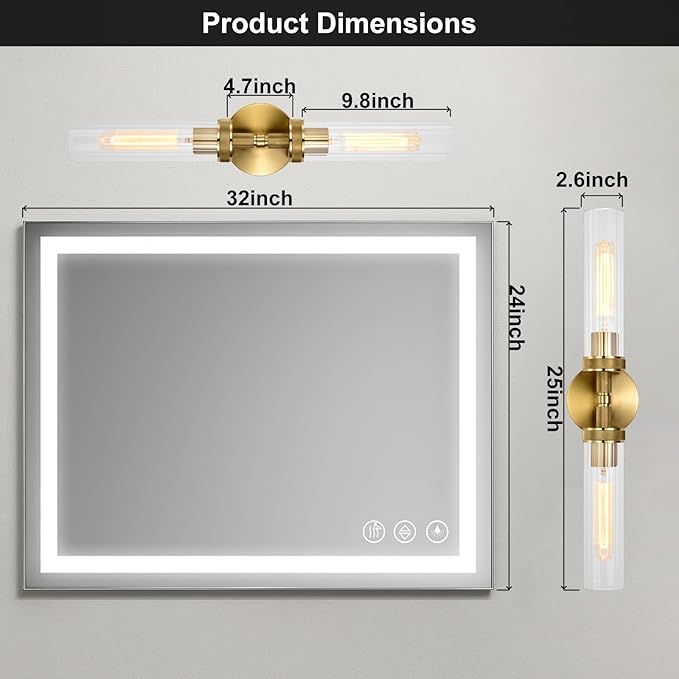 LaLuLa 2-Light Gold Bathroom Vanity Light Fixtures 2-Pack – Hardwired Wall Sconces with Rippled Glass Shades and Textured Metal Frame, Modern Vanity Lighting for Mirror, Bedroom, or Hallway, 25”