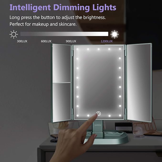 Trifold Lighted Vanity Makeup Mirror with 21 LED Lights,1x/2x/3x Magnification Touch Screen Dimming,Two Power Supplies Makeup Mirror, Gift for Women