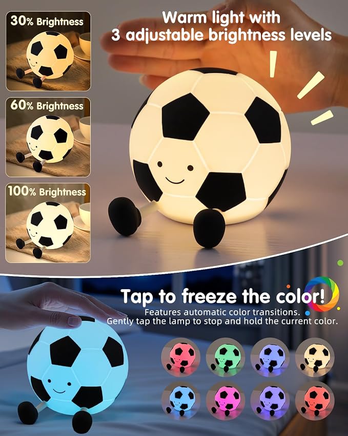 YISUN Soccer Silicone Night Light for Kid, Rechargeable Night Lights with 7 Colors & Timer, Cute Squishy Lamp for Girl Boy Girls, Dimmable LED Light Room Decor Toys
