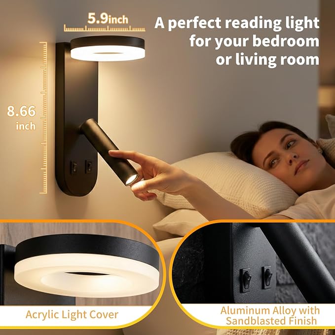 Wall Mounted Reading Lights, 350° Adjustable Bedside Lamps Set of 2 | Independent Switch , Hardwired Installation LED Wall Sconces for Bedroom, Living Room, Study Room (Black, 8.6" x 6" x 4.35")