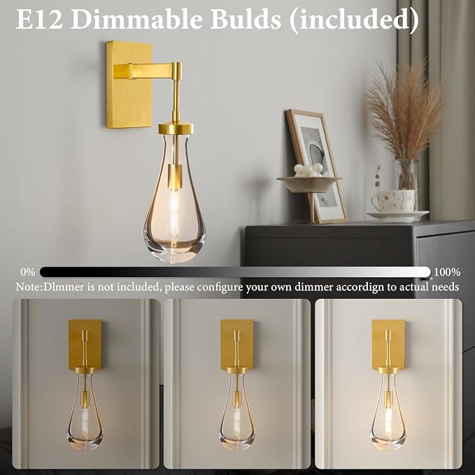 Raindrop Brass Crystal Wall Sconce: Set of 2 Gold Bathroom Decor Sconces | Clear Solid Indoor Large Lights with Bulb, Luxury Modern Light Fixture, Dimmable Vanity Lamp for Living Room Bedroom Bedside