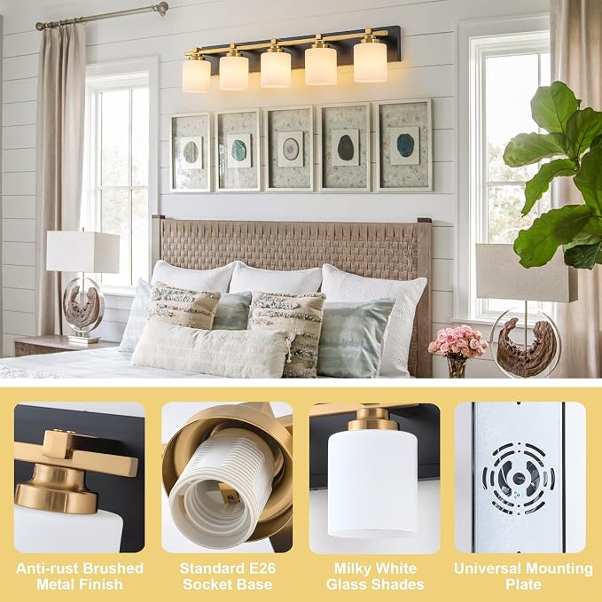 Modern Bathroom Light Fixtures Over Mirror, Vanity Lights for Bathroom Wall Sconces with Milky White Glass Shades, E26 Socket (Bulbs Not Included), 5 Light, Black Gold