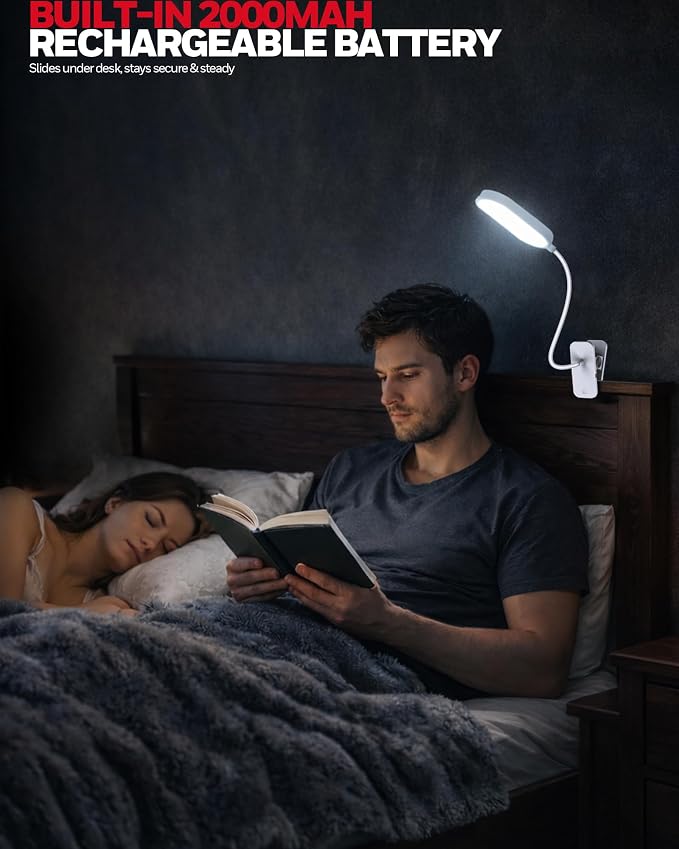 Honeywell Clip On Reading Light,Rechargeable LED 4000K CRI95 Gooseneck Lamp | 2000mAh Battery,Touch Desk Lamp White Light Mode,Eye-Caring Study Lamp With Clamp for Bed/Headboard/Table/Dorm/Home Office